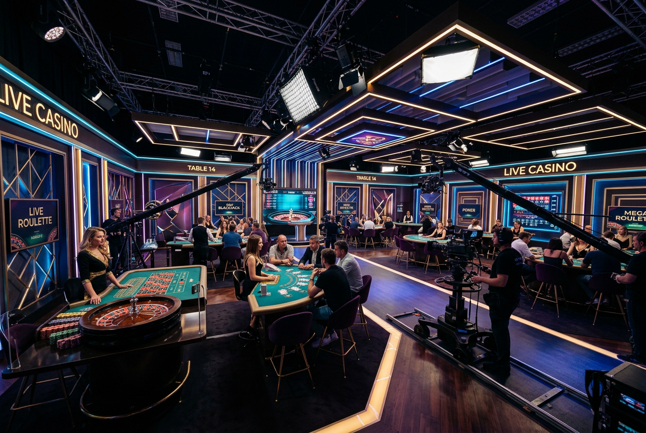 A high-end live casino studio setup with professional gaming tables.