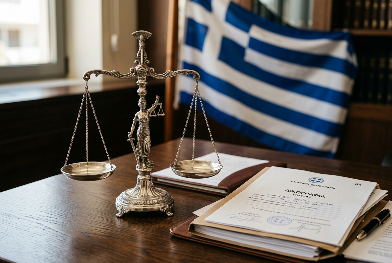 Legal scales and official documents representing Greek gaming regulations.